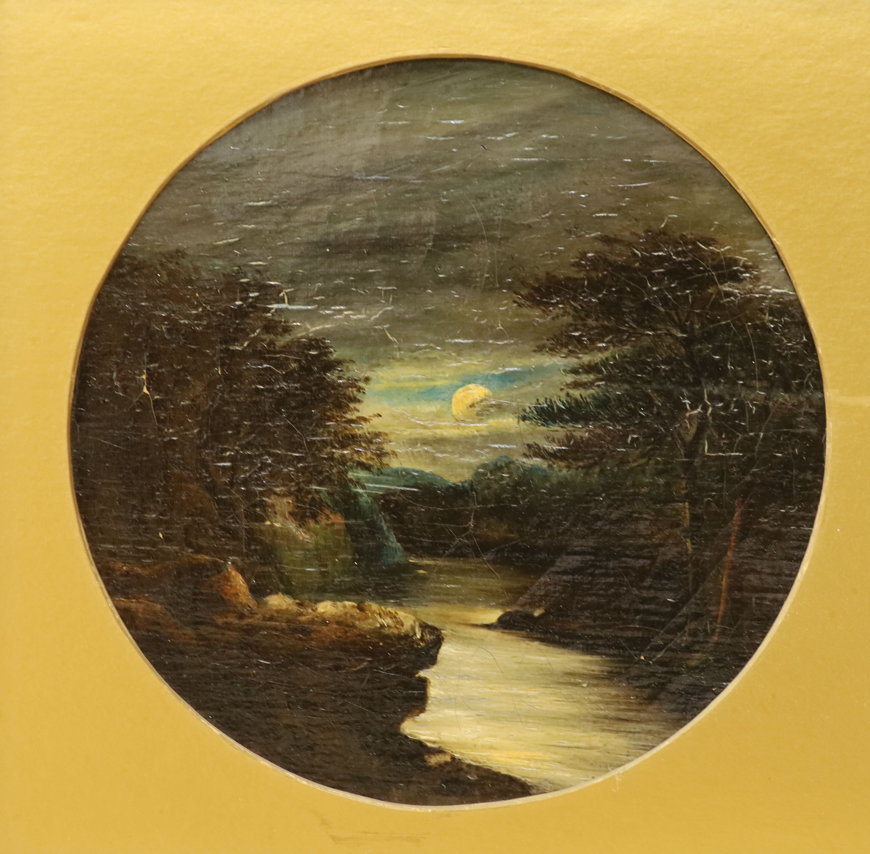 Victorian School, oil on canvas, Moonlit river landscape, framed tondo, 19cm
